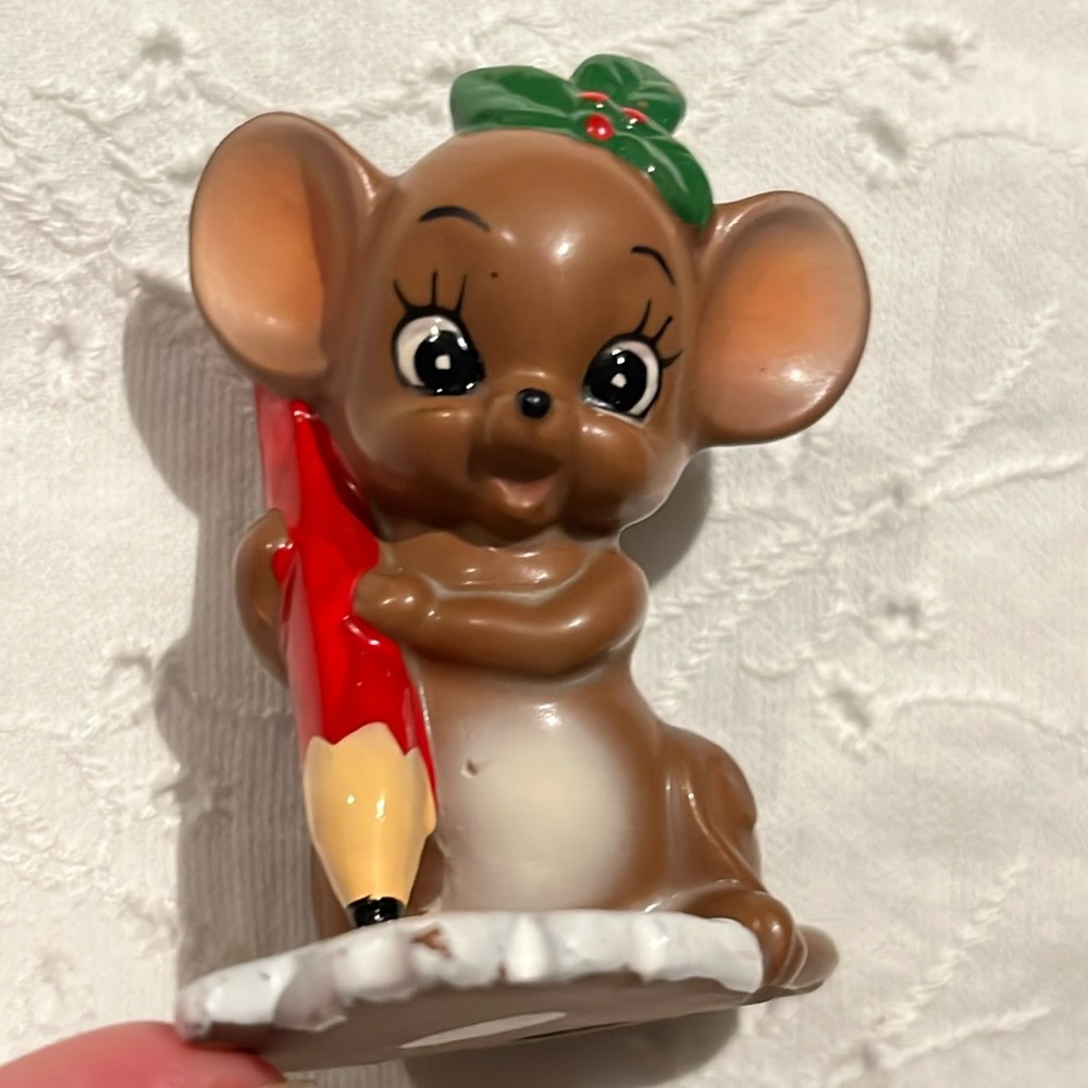 Josef Originals Christmas Mouse w/ Pencil writing Merry Xmas Original Label